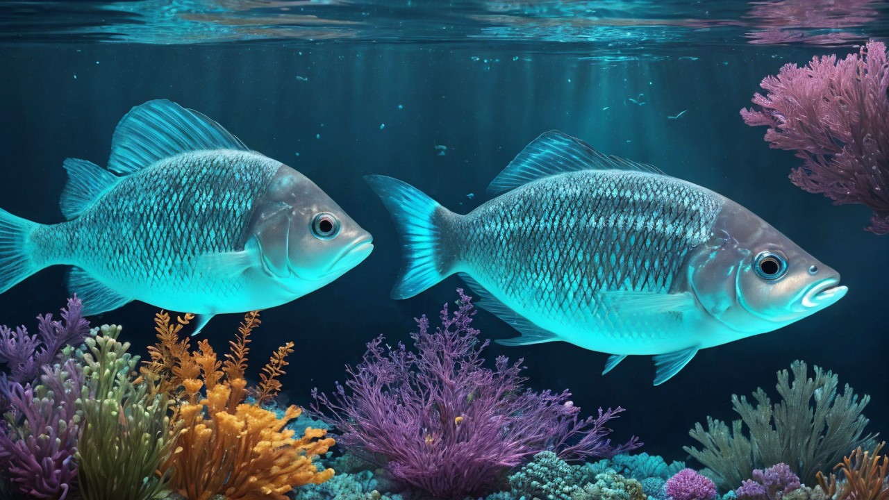 A fish gracefully navigating a dark, underwater environment, its eyes alert and adapted to low-light conditions.