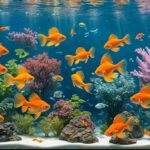 "Vibrant aquarium scene with several goldfish swimming together among lush aquatic plants."