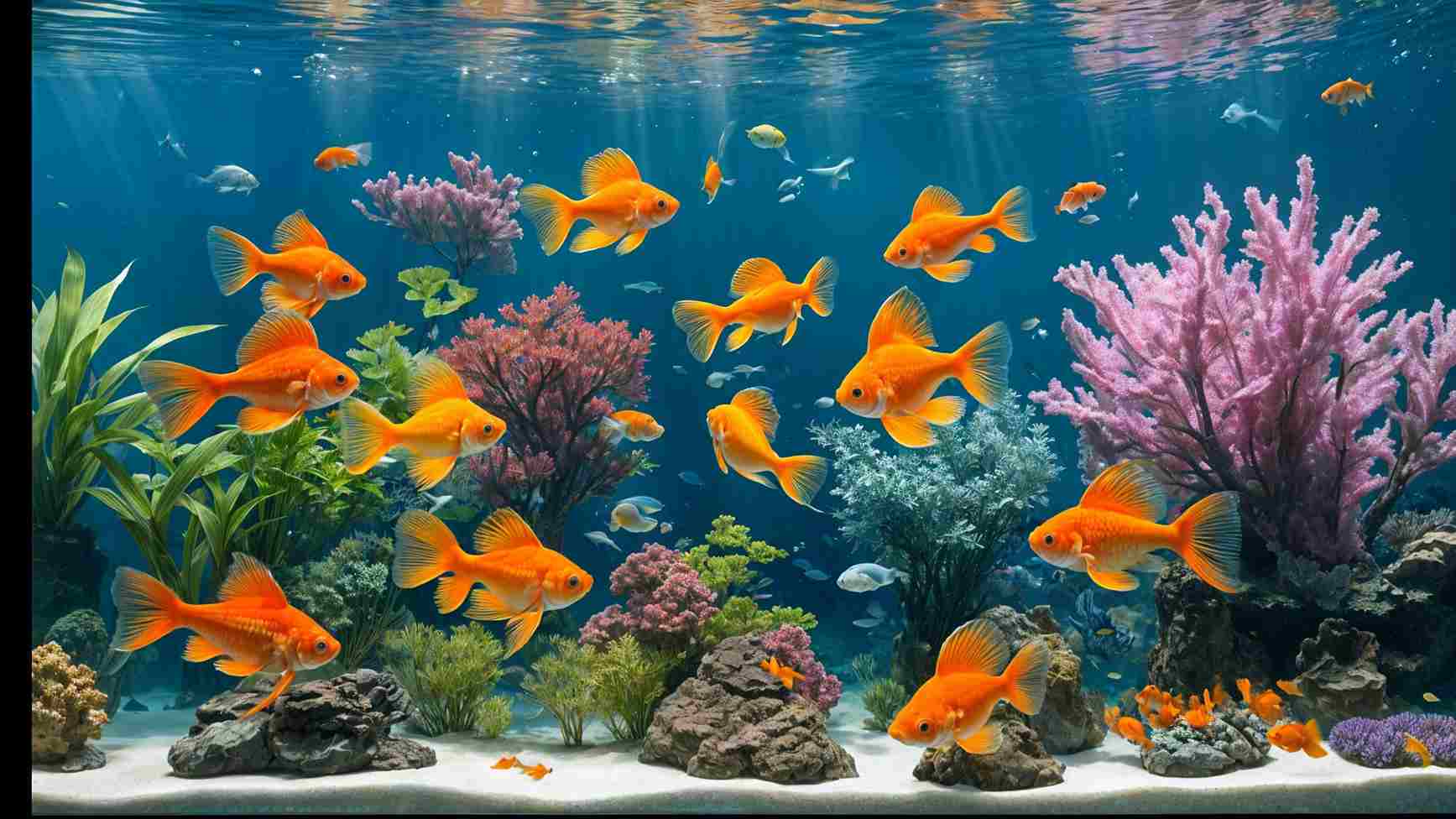 "Vibrant aquarium scene with several goldfish swimming together among lush aquatic plants."