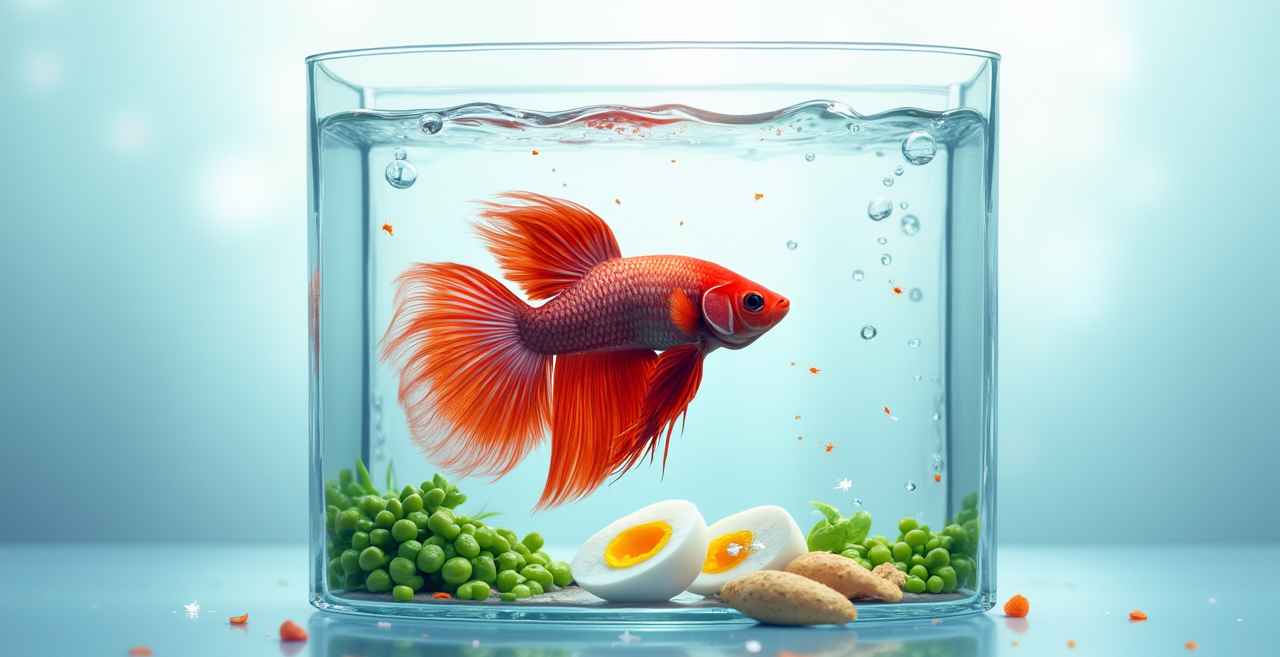 What Human Food Can Betta Fish Eat Vibrant betta fish swimming gracefully in a clear aquarium, with subtle hints of human food elements in the background representing safe dietary supplements.