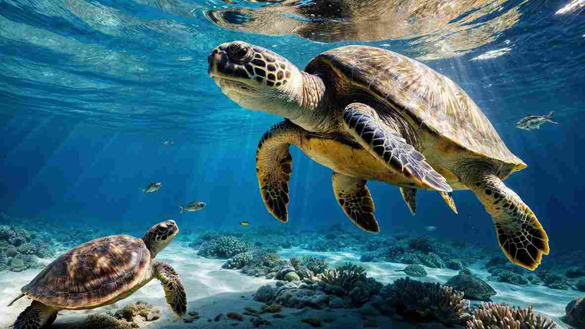 🐢 Can Turtles Eat Fish Food? A curious turtle exploring fish food pellets in a clear aquatic setting.